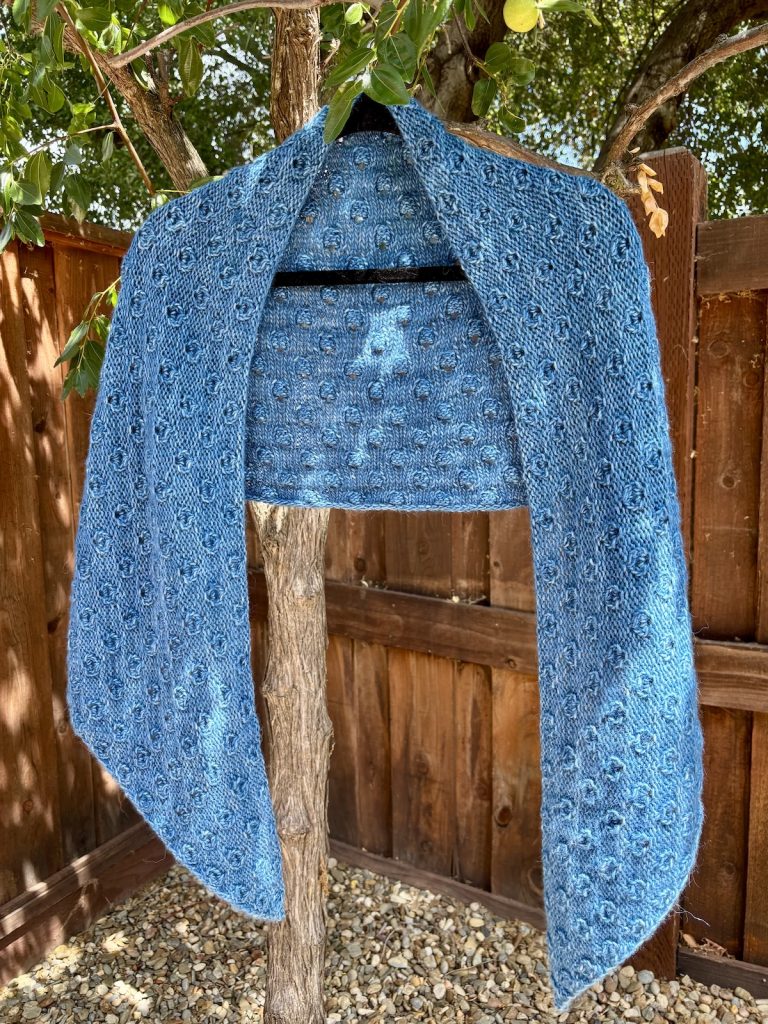 Rosebud handknit shawl full length