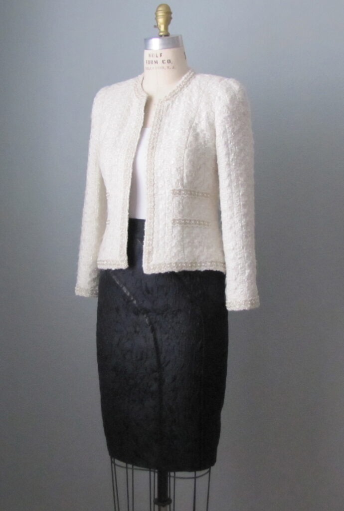 Couture French-style jacket in Linton tweed fabric, silk charmeuse lining, beaded trim