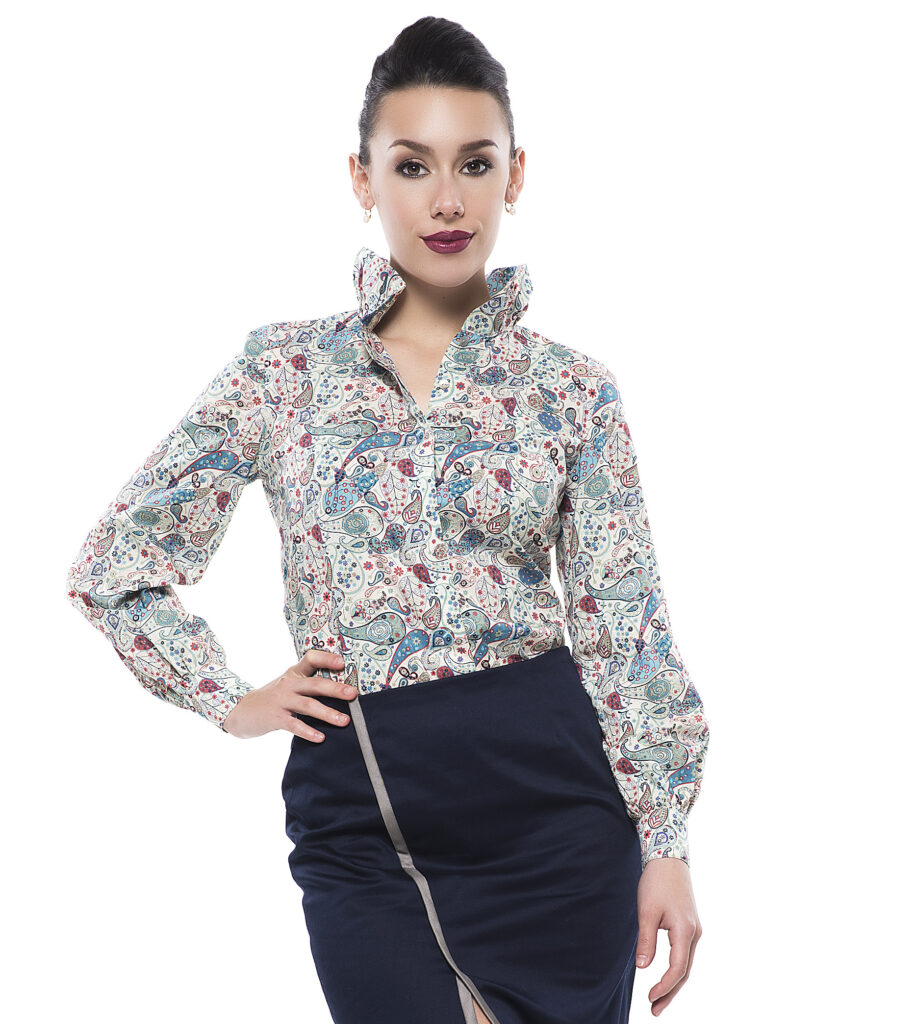 Tailored shirt with pleated collar and full sleeves made in Liberty London fabric