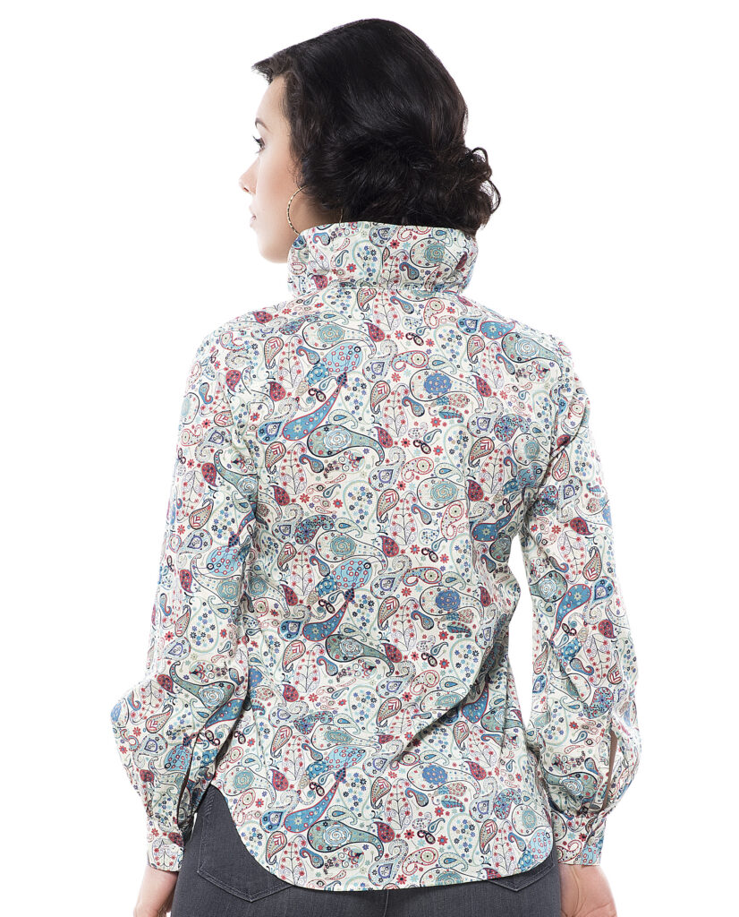 Tailored shirt with pleated collar and full sleeves made in Liberty London fabric, back view