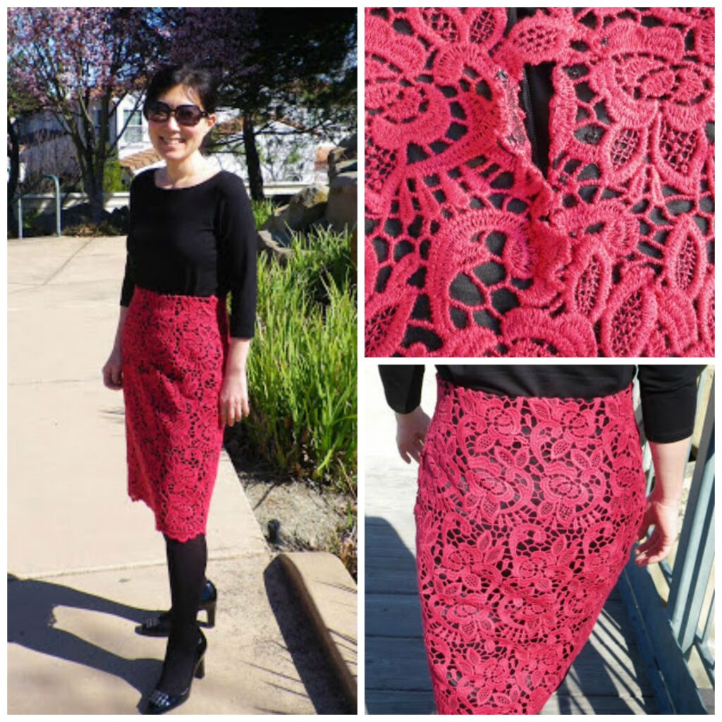 Couture red guipure lace pencil skirt with black silk charmeuse lining