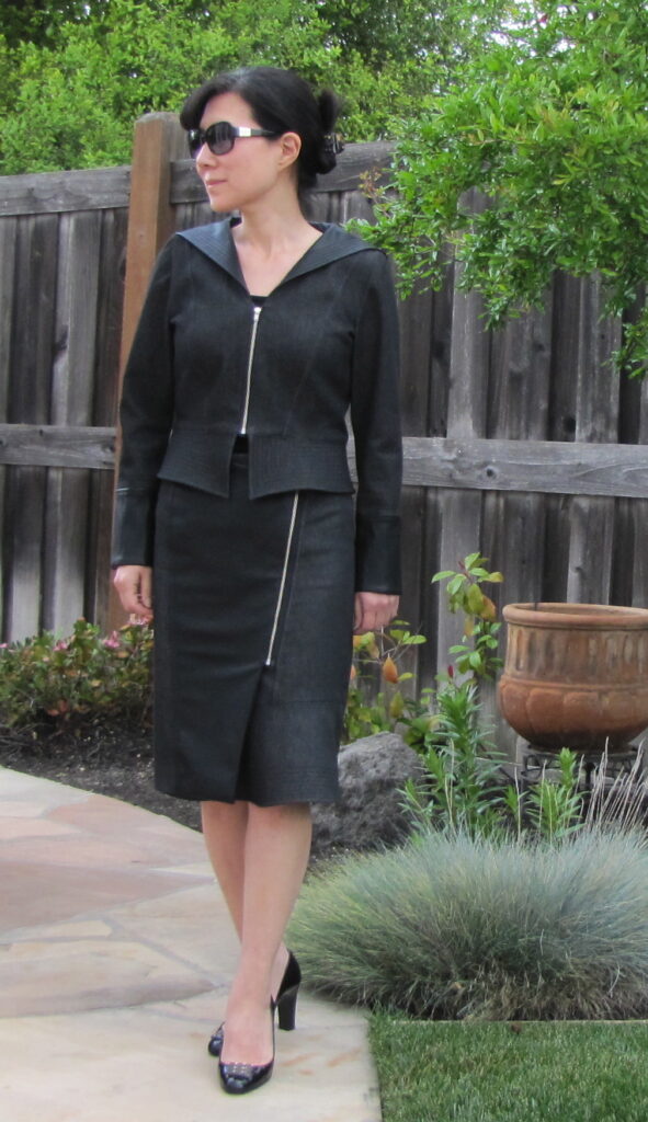 Sailor collar jacket and asymmetric zip skirt with faux leather details