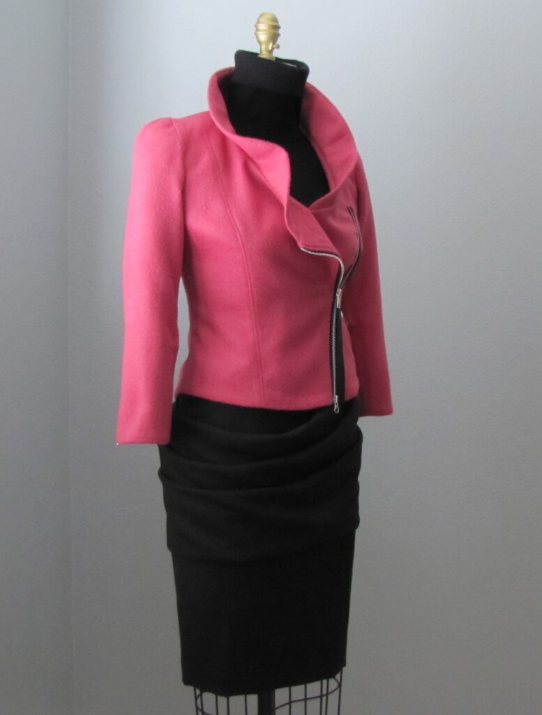 Pink cashmere and wool moto jacket with flounce neckline