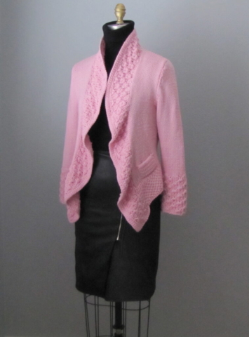 Handknit cardi with textured flounce trim and cuffs