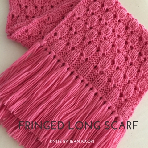 Handknit long scarf with fringe in pink