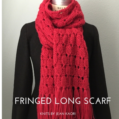 Handknit long scarf with fringe in red